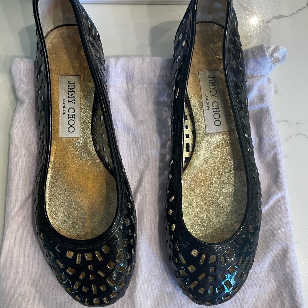 Jimmy Choo Flats - Perforated Patent Black - Wells